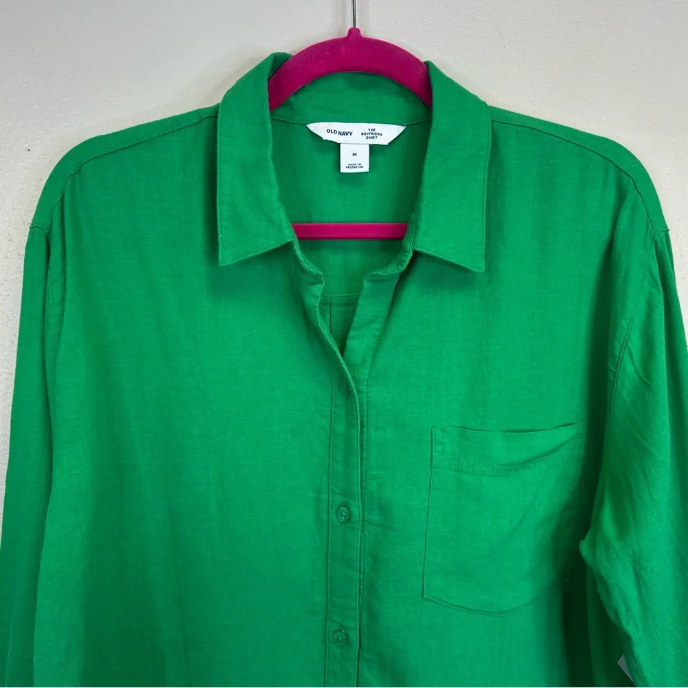 Old Navy Women’s M Vibrant Kelly Green Linen Button Down Shirt St. Patrick’s Day - Picture 2 of 11